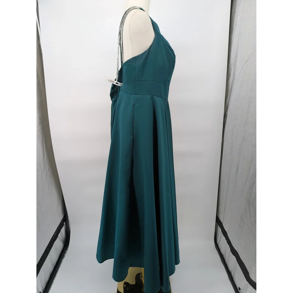 Jules & Cleo Dress Women 20 Emerald Green One Shoulder Rhinestone Satin Gown - Picture 14 of 16